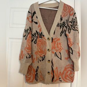Floral Knit Cardigan Sweater - Beige and Orange